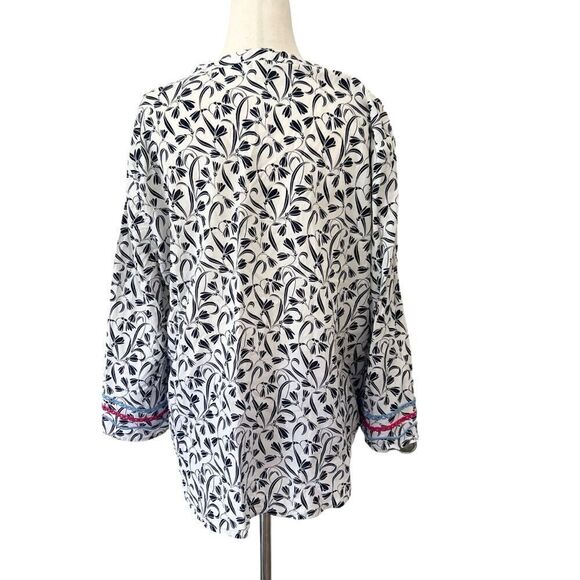 Talbots Large Navy +White Tunic Style Cotton Long Sleeve Blouse - Picture 4 of 7
